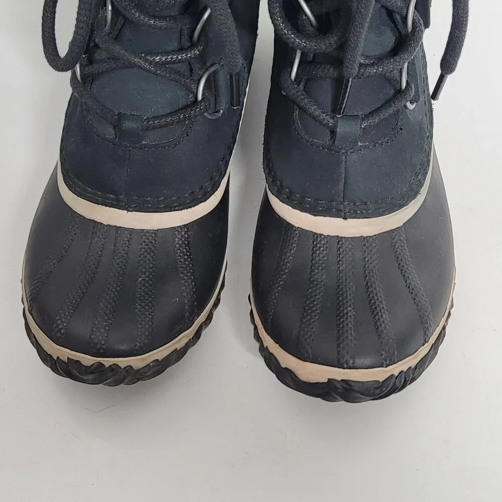 Sorel Caribou‎ Black Leather Boots Lace Up Womens 7 Faux Fur Winter NL2649-010